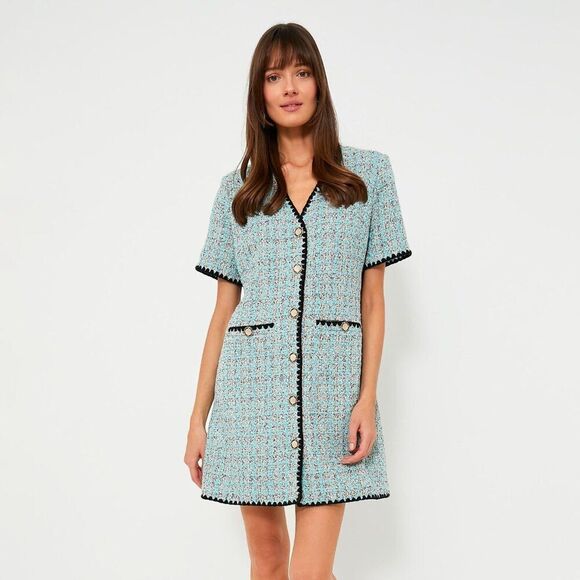 NWT Tuckernuck Pomander Place Turquoise White Black Tweed Josephine Dress Large - Picture 1 of 16